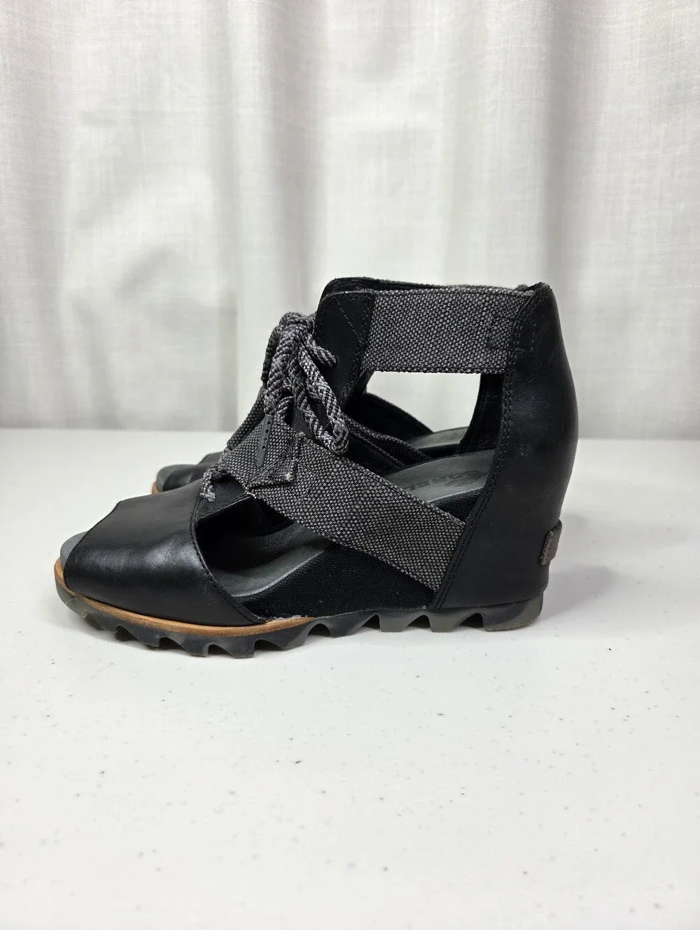Sorel Joanie Leather Lace Up Wedge Sandals Women's Black Open-Toe
